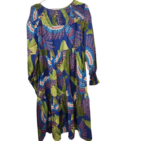 Farm Rio Macaw cotton long-sleeve blue midi dress size XS - Picture 3 of 8